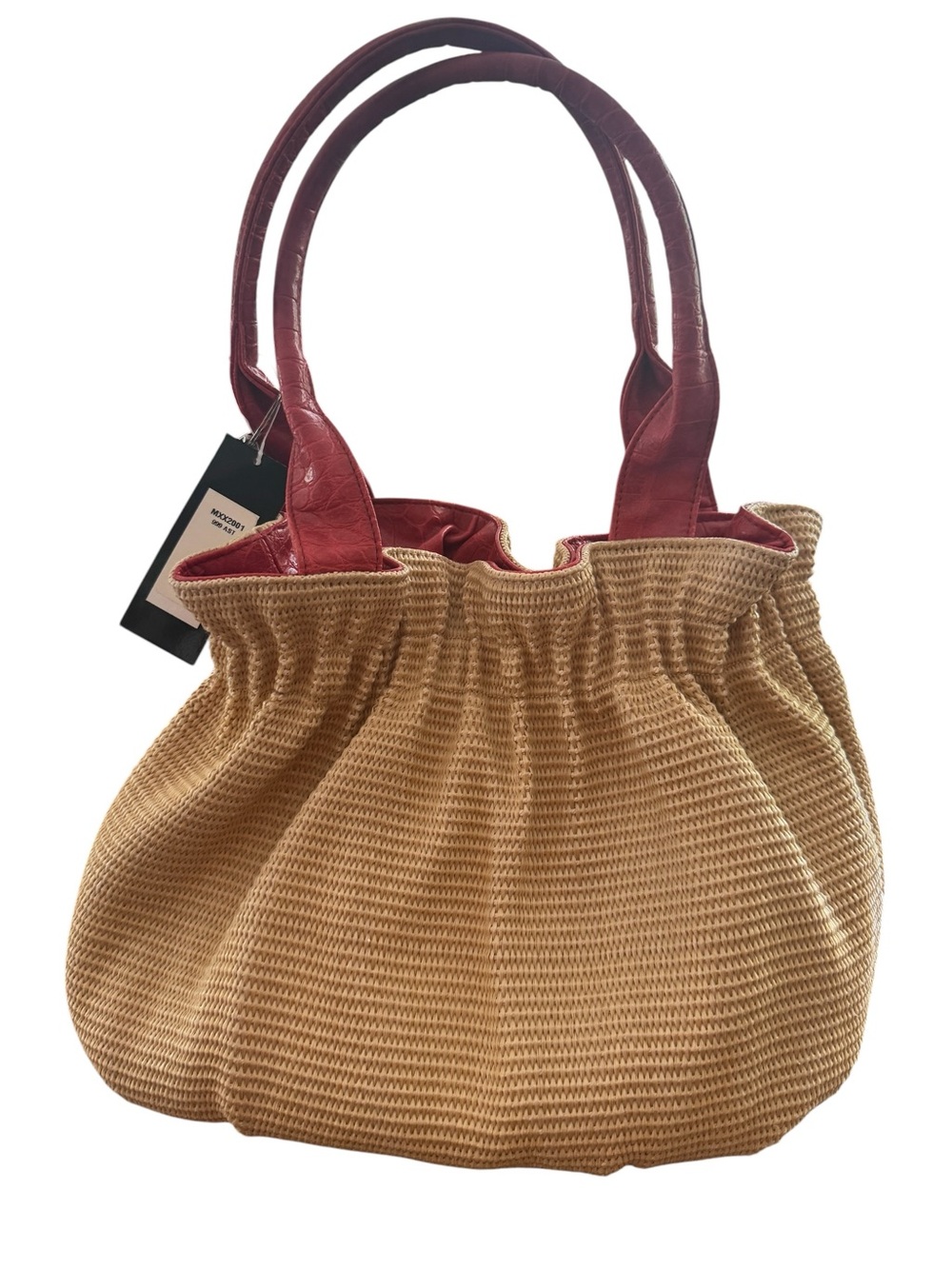 Vintage Bueno Y2K Woven Straw Gathered Hobo Bag Red Orange Faux Leather Rosette - Picture 8 of 8